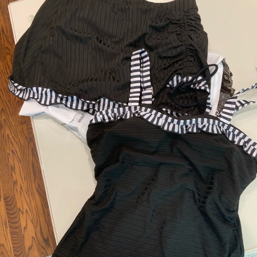 Chic Black Swimsuit with Striped Details